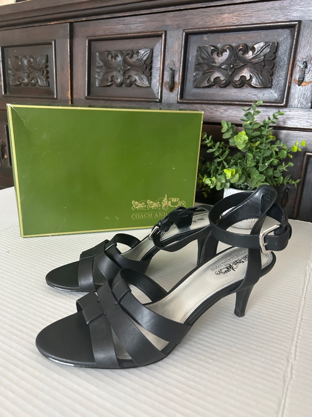 Coach Black Leather Strappy Ankle‑Buckle Heels with Mid Heel
